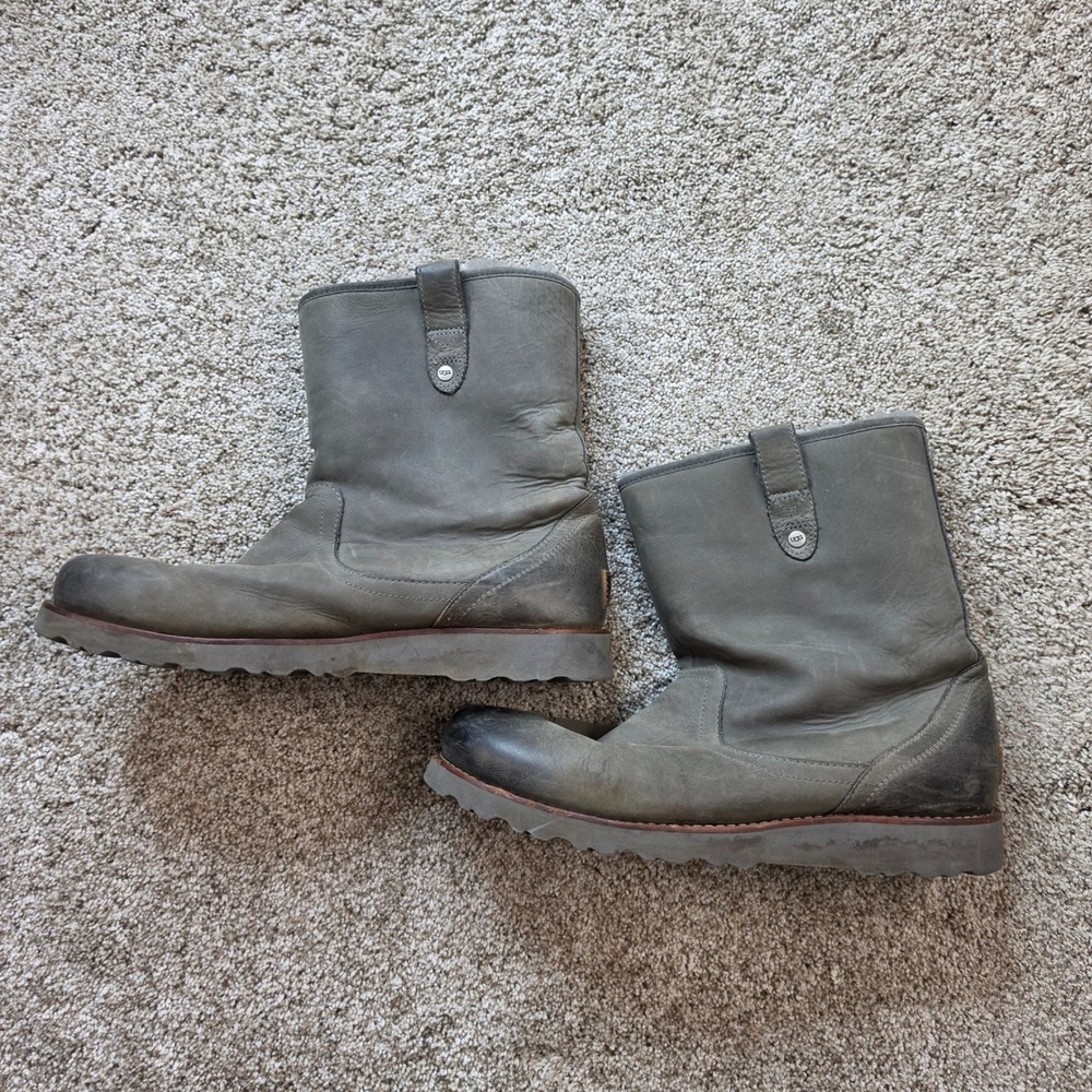 UGG Hannen Men 12 Waterproof Gray Leather Sheepskin Vibram Pull On Boots 1001594